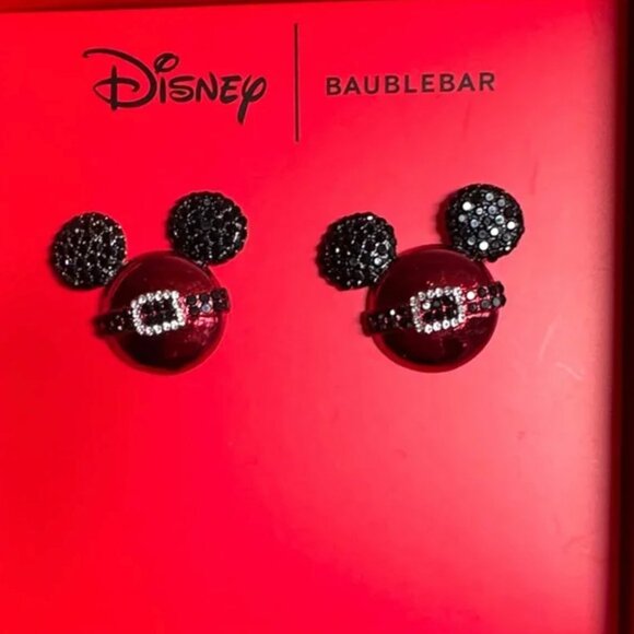 Disney BaubleBar Santa Mickey Jeweled Rhinestone Ears and Belt Earrings - Picture 2 of 3